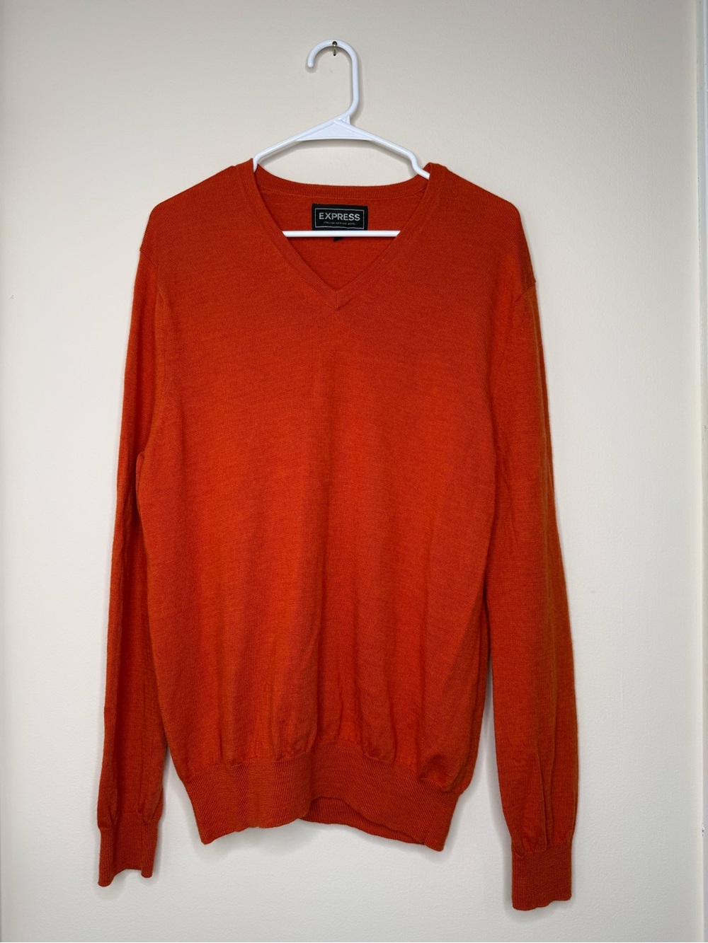 Express Men’s V-Neck Sweater in Burnt Orange/Rust 100% Italian Merino Wool Large